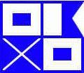 A blue and white logo for the game tic tac toe.